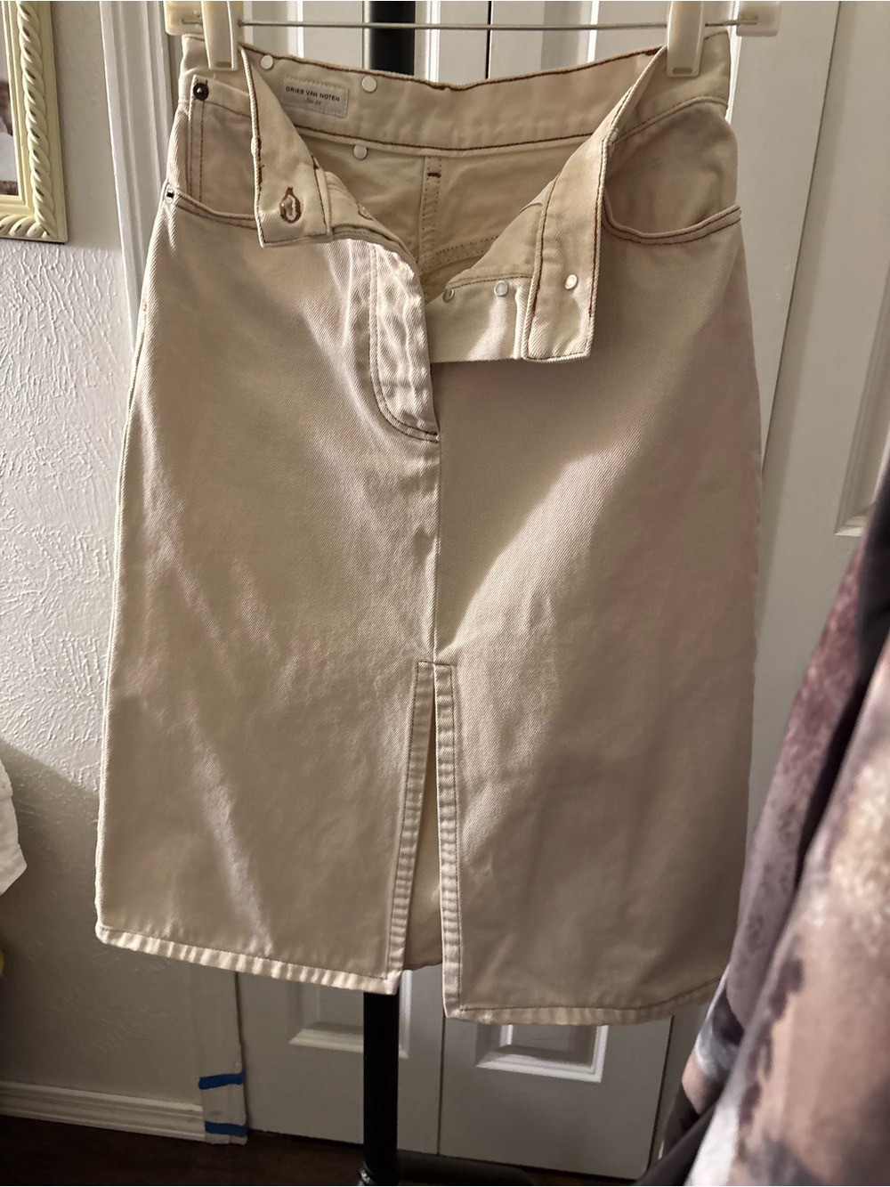 Dries Van Noten Cream Midi Skirt with Front Slit